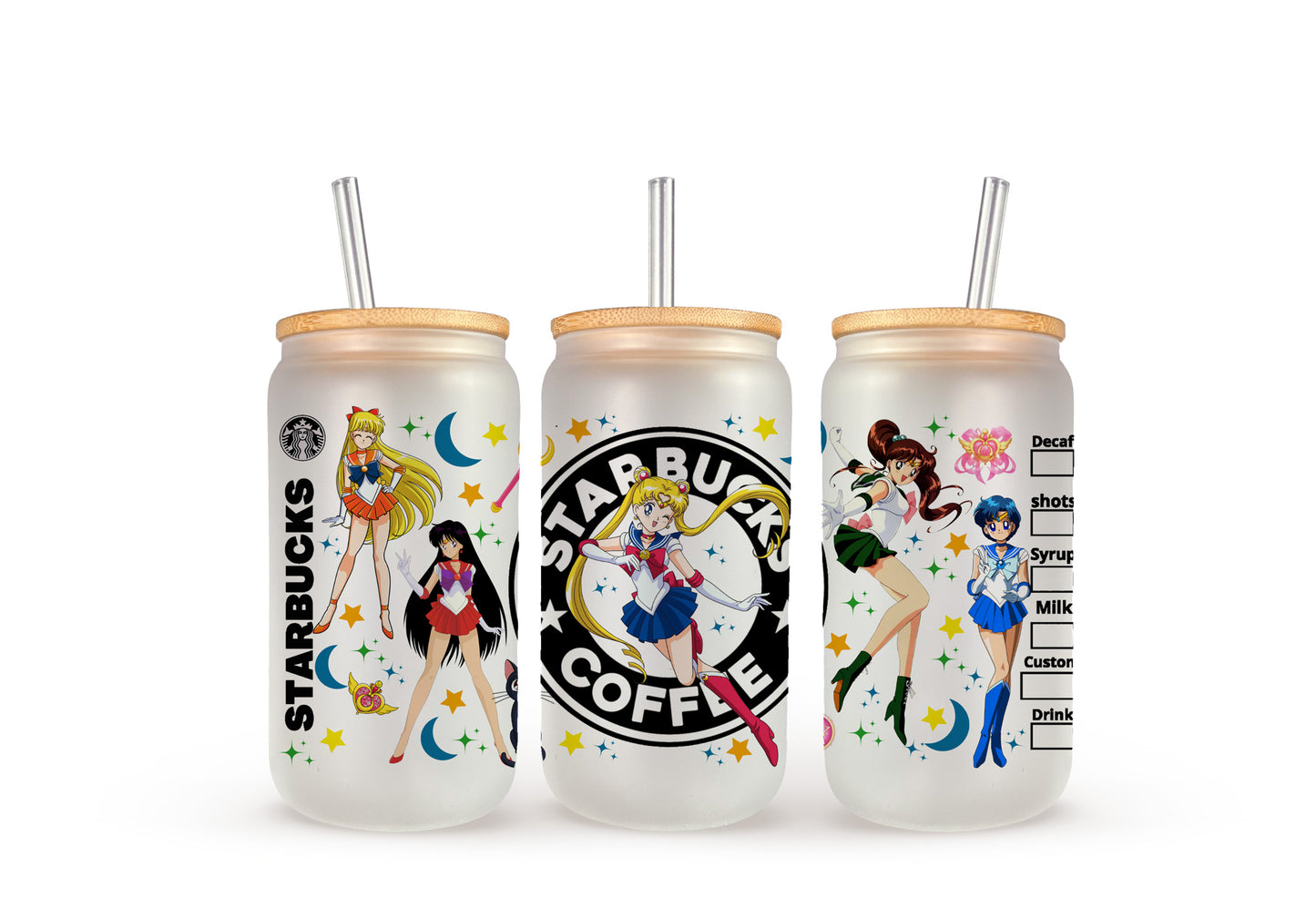 Sailor Moon & Scouts - Black Starbucks - Beer Can Glass