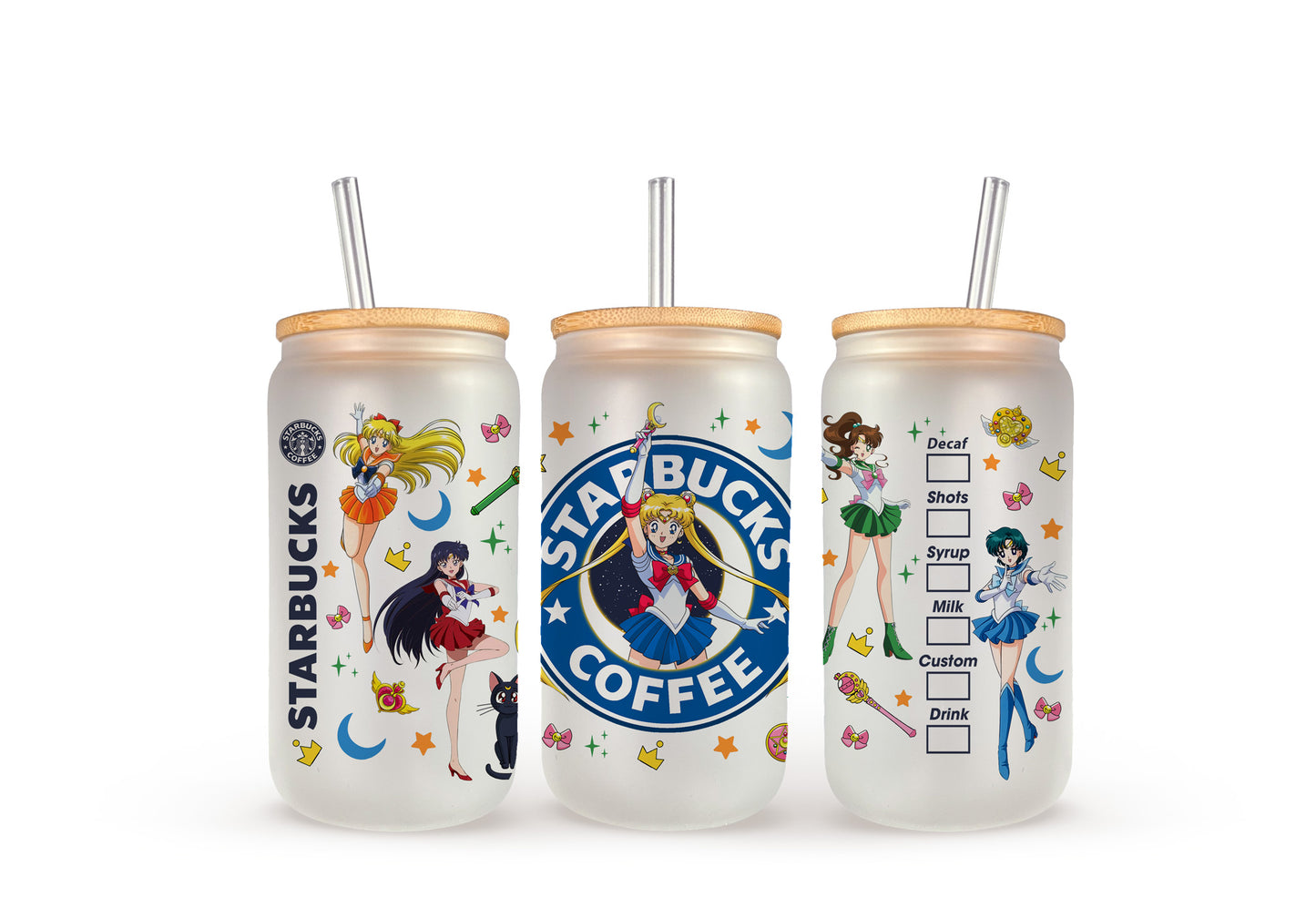 Sailor Moon & Scouts - Blue Starbucks - Beer Can Glass